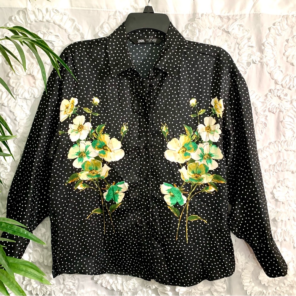 ZARA Polka Dot Floral Print Top Black Satin Long Sleeve Blouse- S